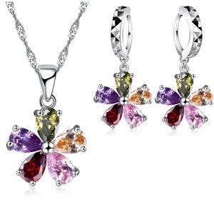 Cute Flower Multi Color 925 Sterling Silver Pendant Earrings And Necklace Set